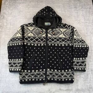 Laundromat Jacket Women Large Black Wool Hooded Fair Isle Fleece Lined Nepal